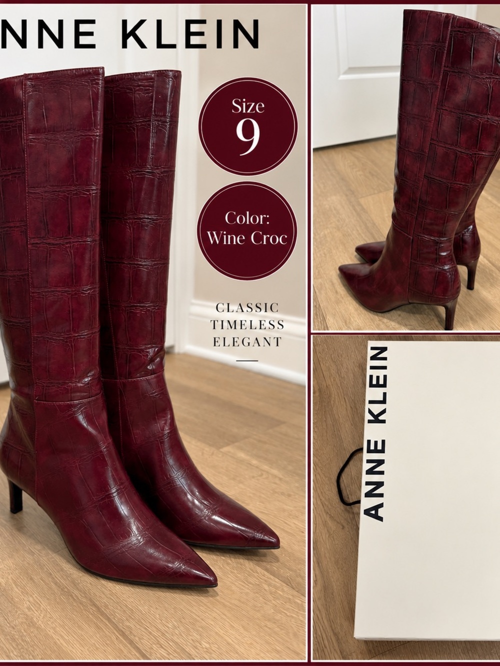 Anne Klein Women's Akmaruicia Knee High Boot Wine Croc Heel Size 9 New